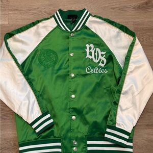The Wild Collective NBA Boston Celtics Raglan Satin Bomber Jacket